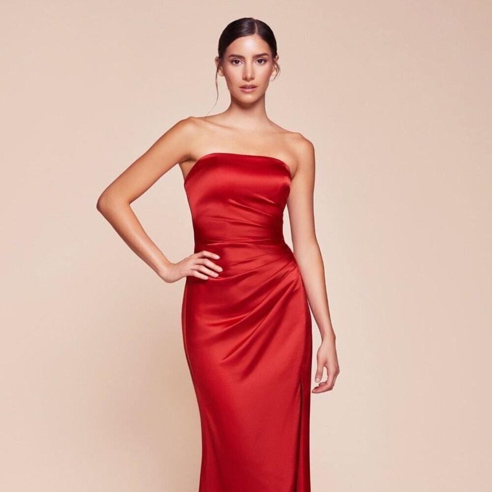 New Formal Strapless Sheath Satin Dress W/ Straight Across Neck & Sash 7451